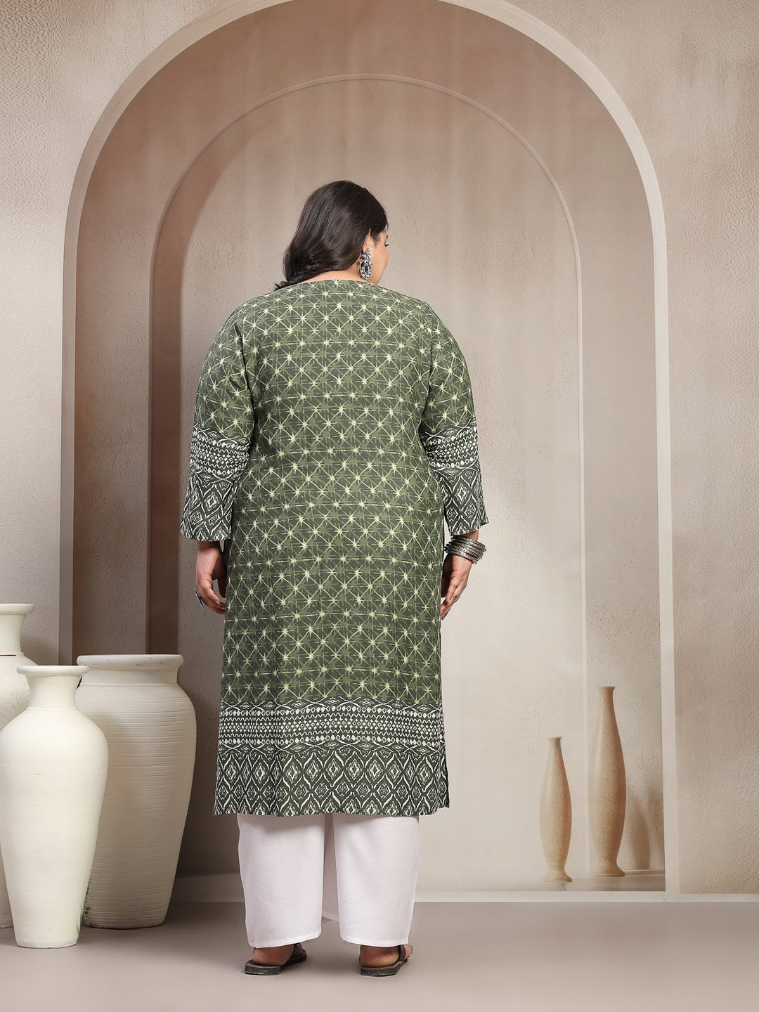Plus Size Green Floral Printed Viscose Rayon Kurta