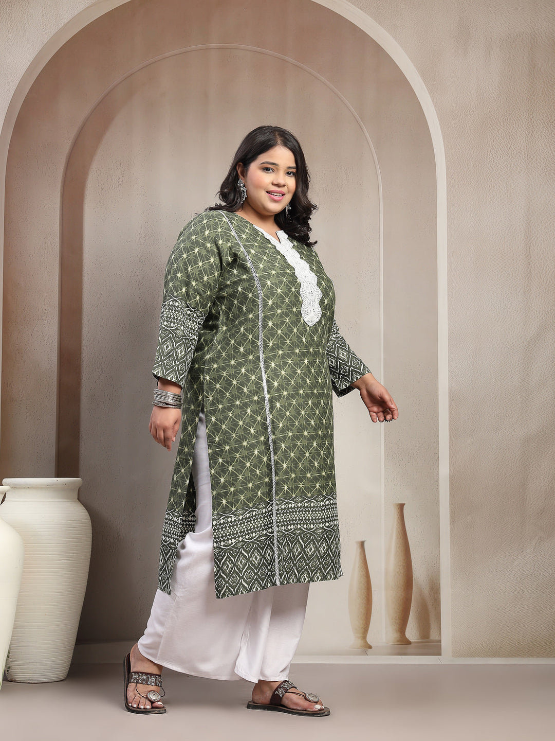 Plus Size Green Floral Printed Viscose Rayon Kurta