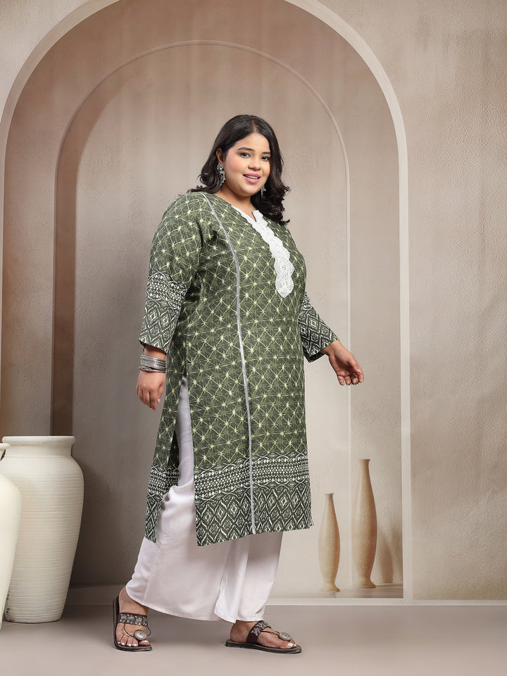 Plus Size Green Floral Printed Viscose Rayon Kurta