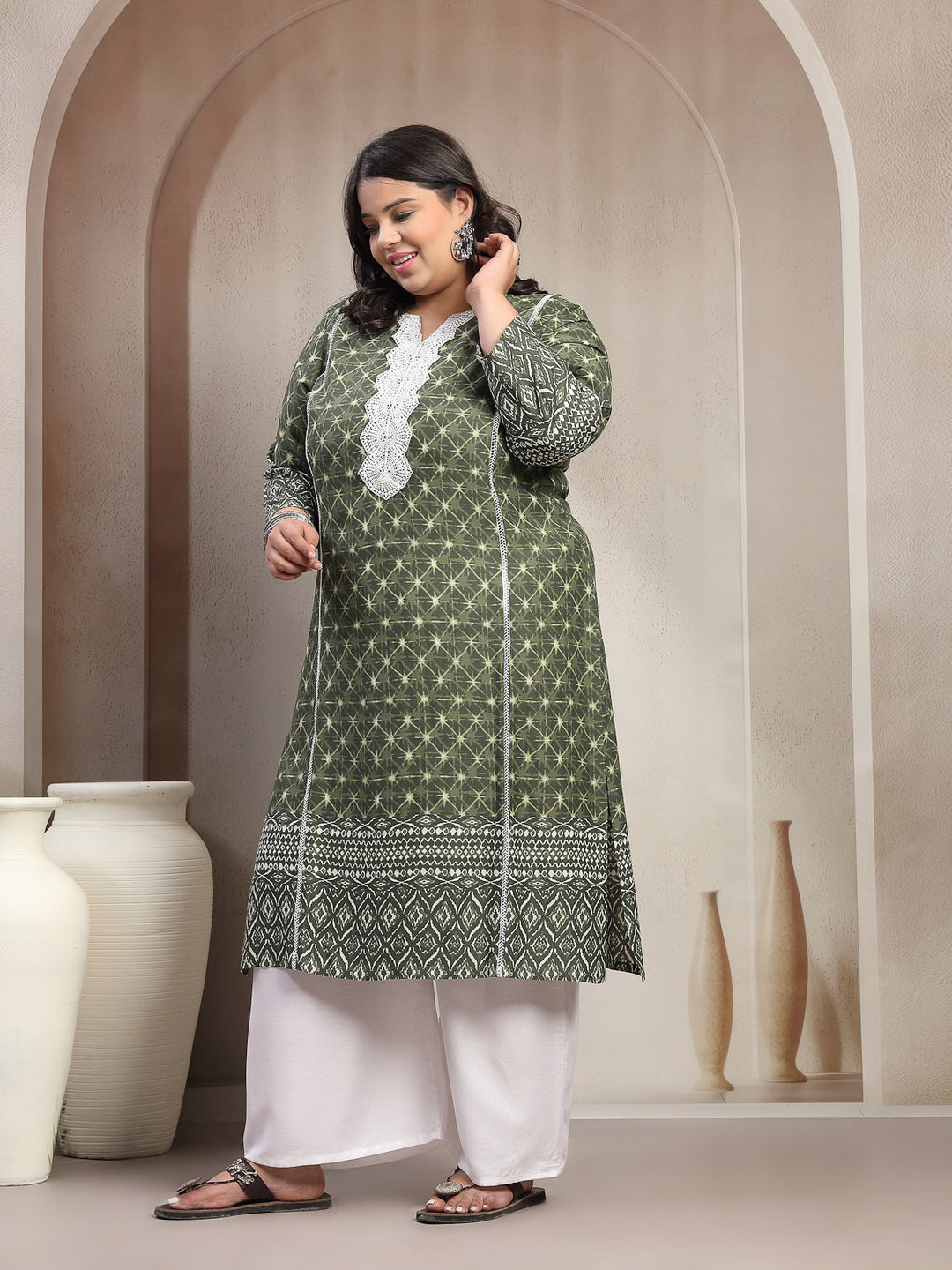 Plus Size Green Floral Printed Viscose Rayon Kurta