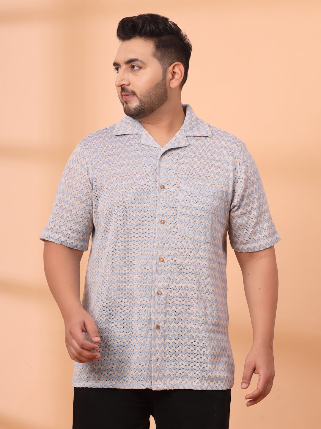 Plus Size Cuban Collar Crochet Resist Shirt