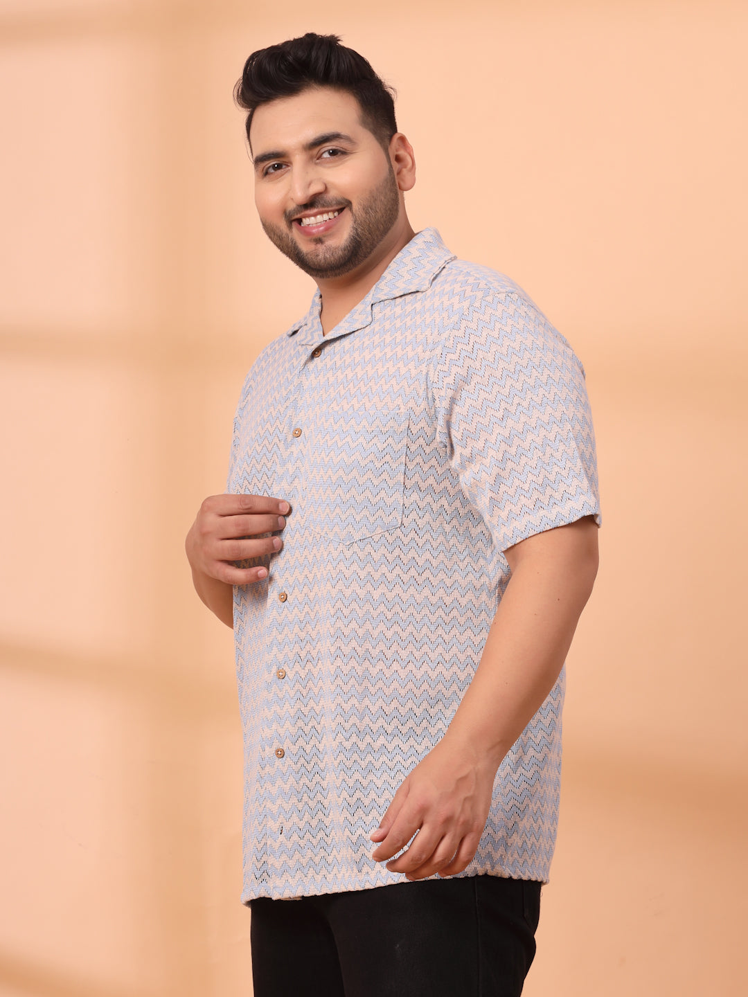 Plus Size Cuban Collar Crochet Resist Shirt