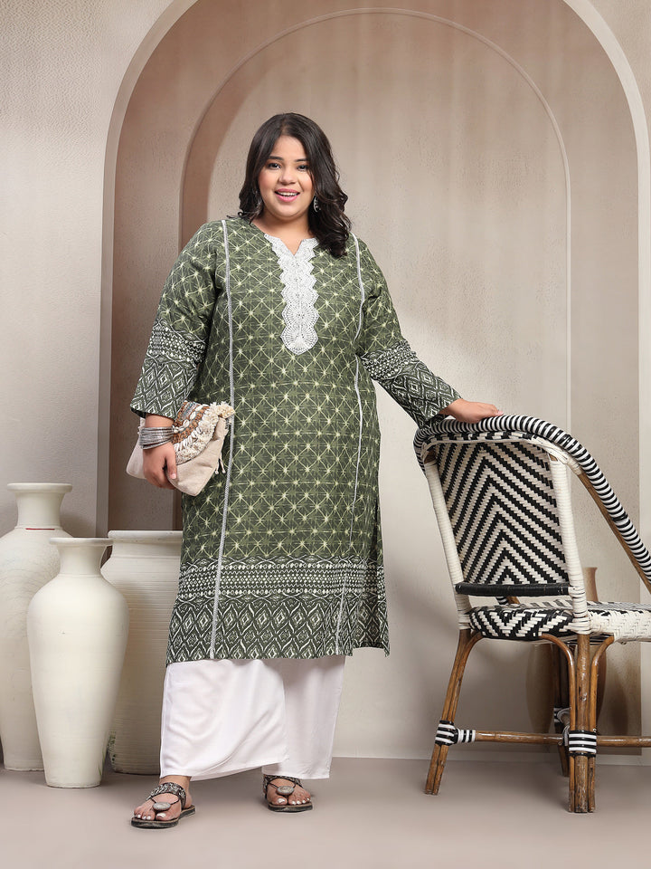 Plus Size Green Floral Printed Viscose Rayon Kurta