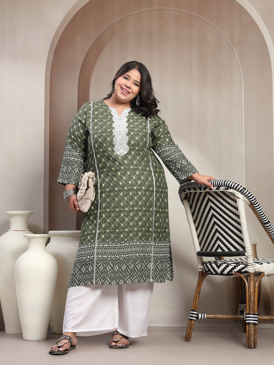 Plus Size Green Floral Printed Viscose Rayon Kurta