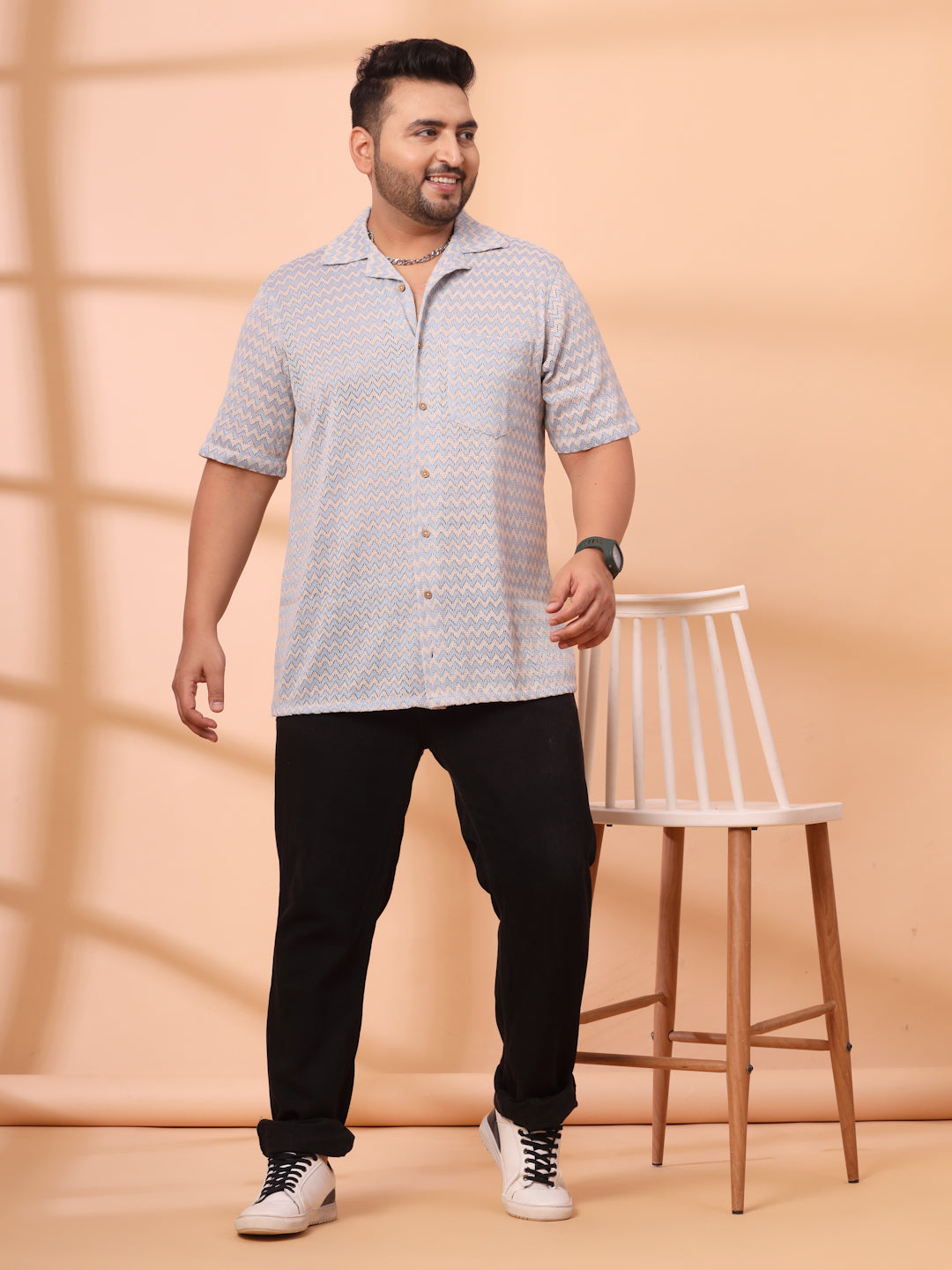 Plus Size Cuban Collar Crochet Resist Shirt