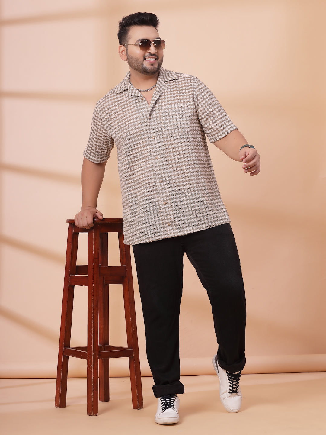 Plus Size Cuban Collar Crochet Resist Shirt