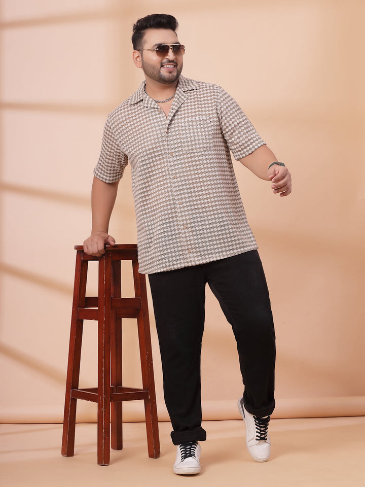 Plus Size Cuban Collar Crochet Resist Shirt