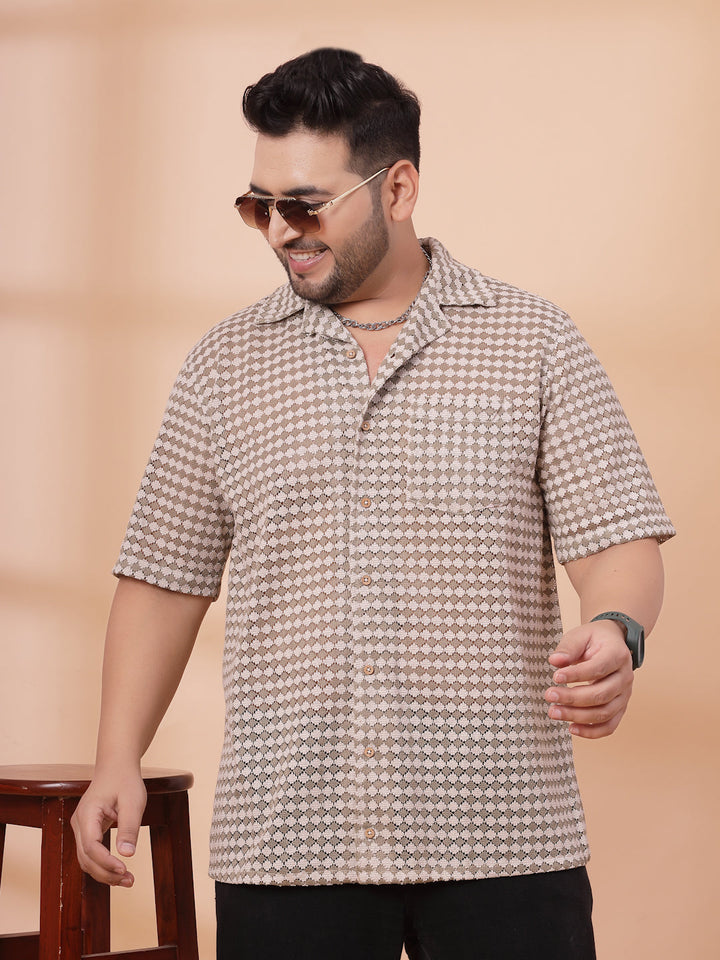 Plus Size Cuban Collar Crochet Resist Shirt