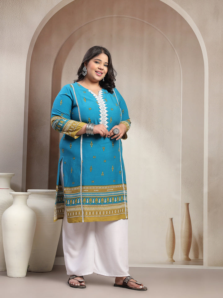 Plus Size Blue Floral Printed Viscose Rayon Kurta