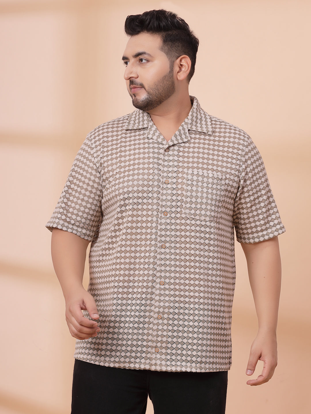 Plus Size Cuban Collar Crochet Resist Shirt