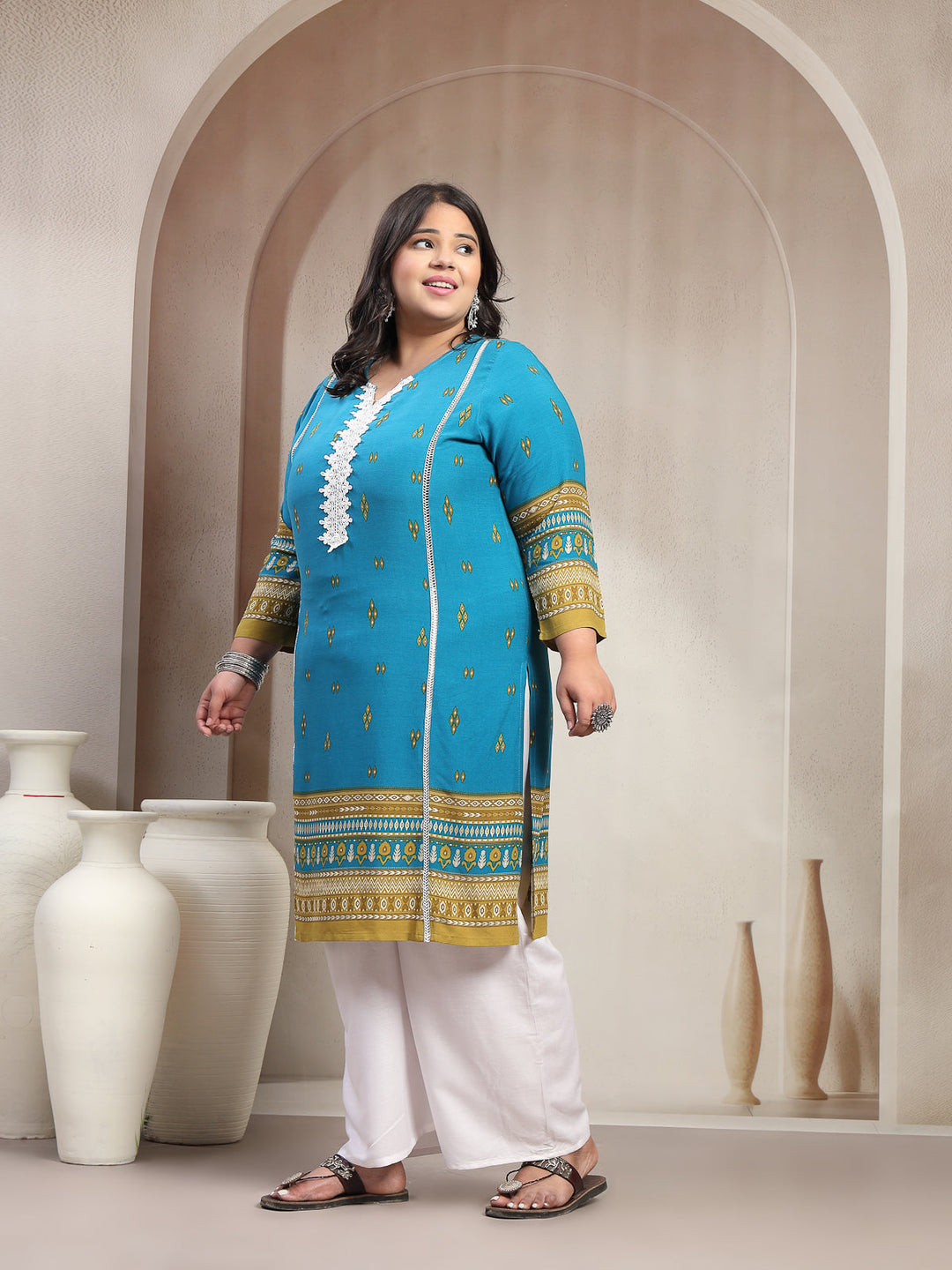 Plus Size Blue Floral Printed Viscose Rayon Kurta