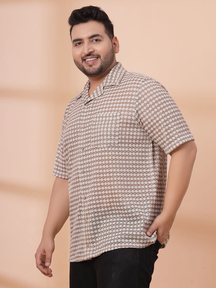 Plus Size Cuban Collar Crochet Resist Shirt