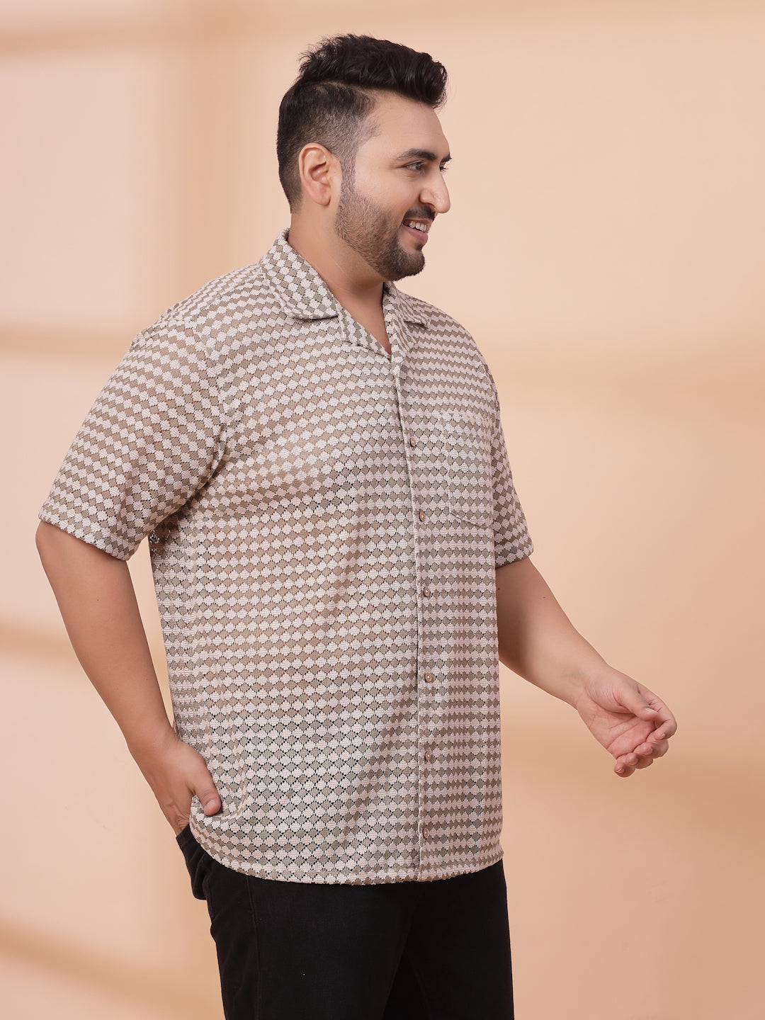 Plus Size Cuban Collar Crochet Resist Shirt