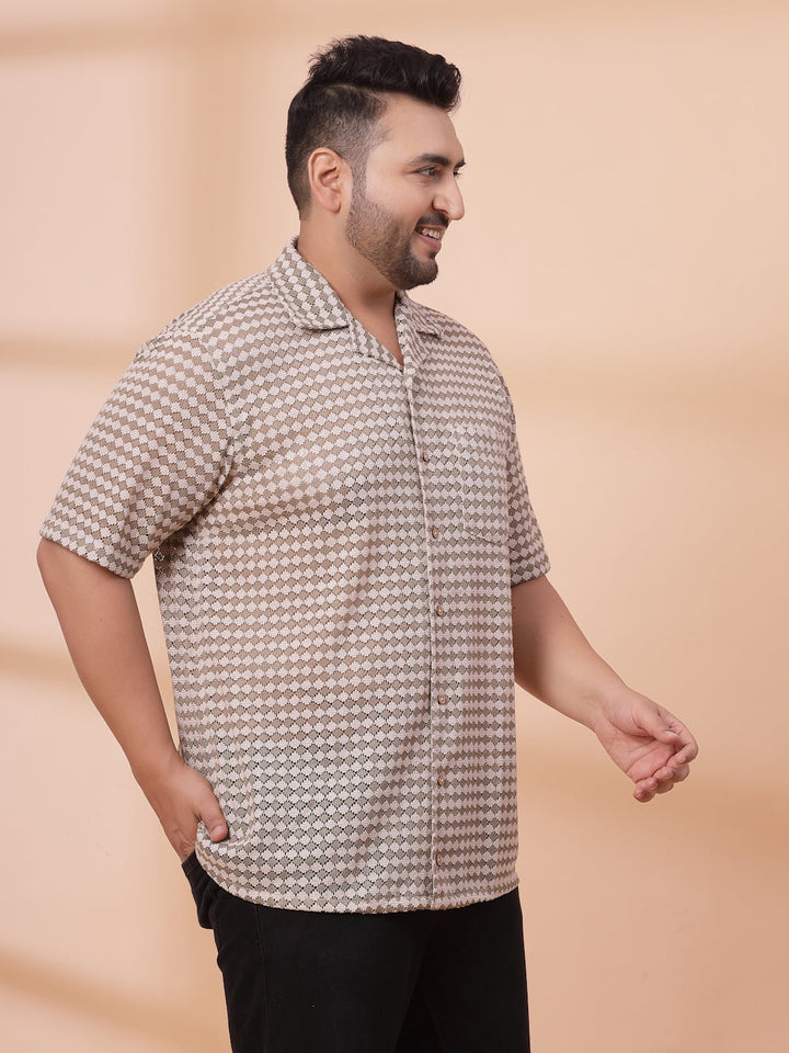 Plus Size Cuban Collar Crochet Resist Shirt