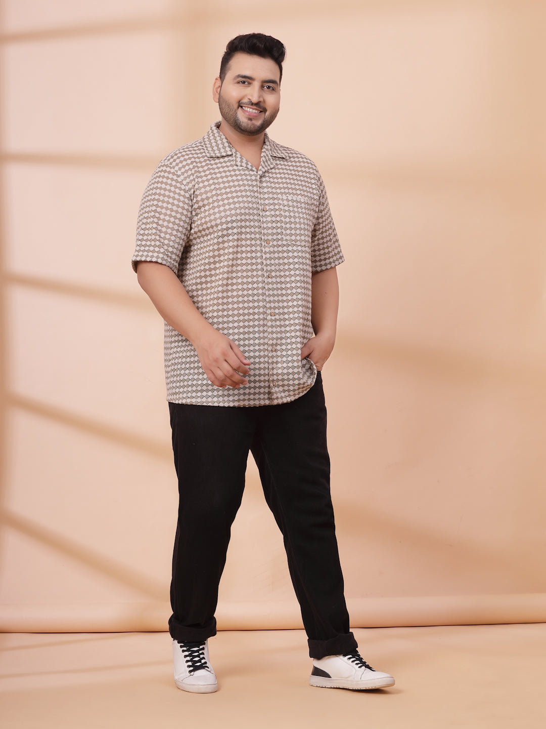 Plus Size Cuban Collar Crochet Resist Shirt