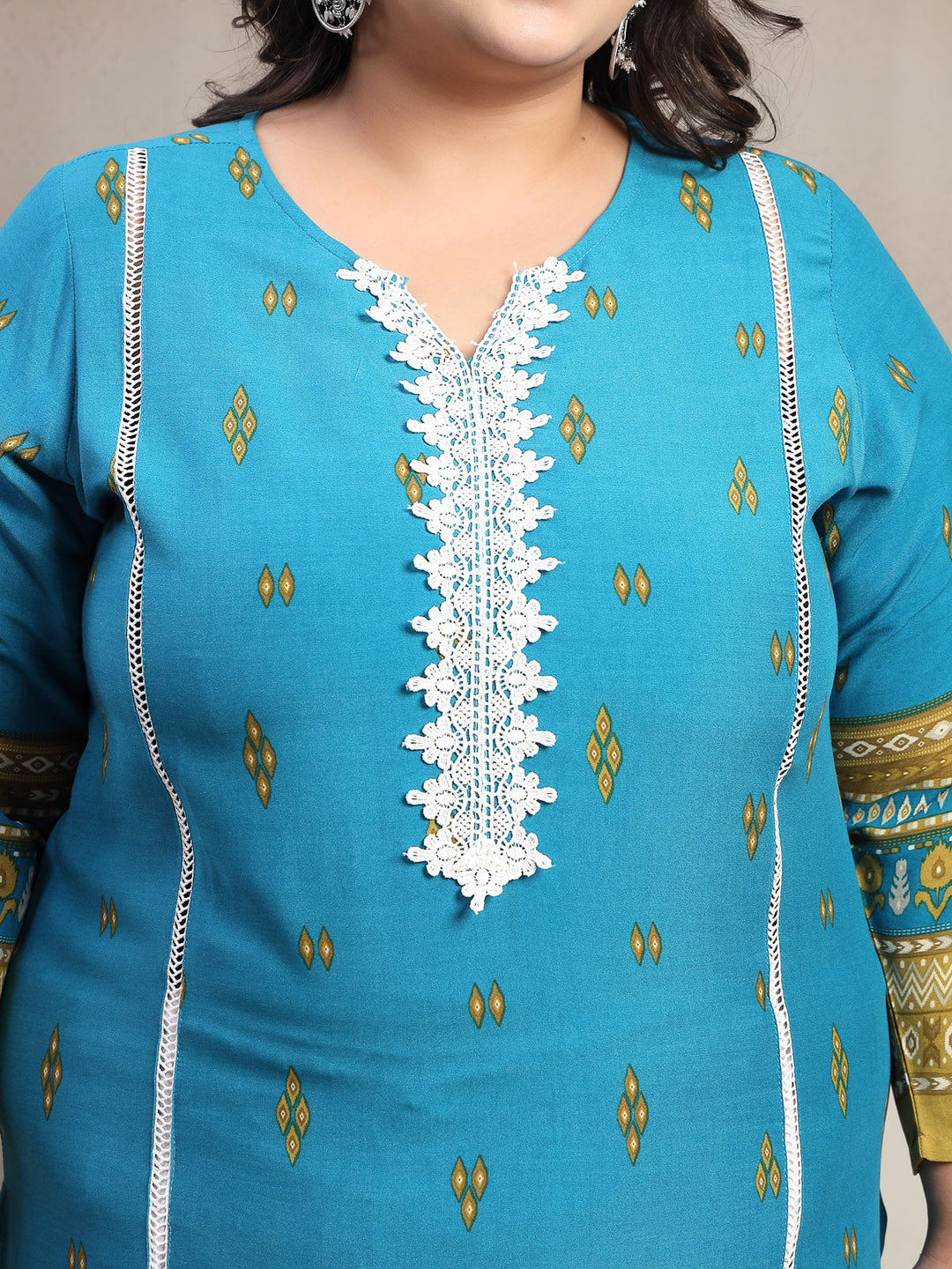Plus Size Blue Floral Printed Viscose Rayon Kurta