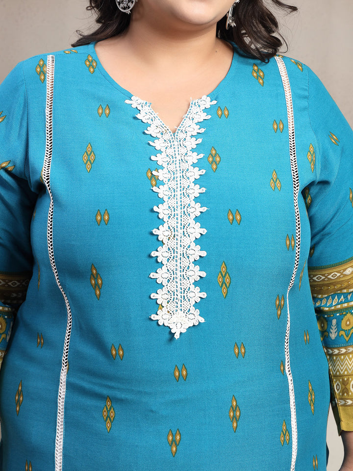 Plus Size Blue Floral Printed Viscose Rayon Kurta