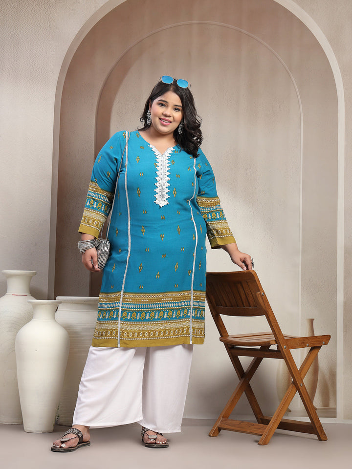 Plus Size Blue Floral Printed Viscose Rayon Kurta