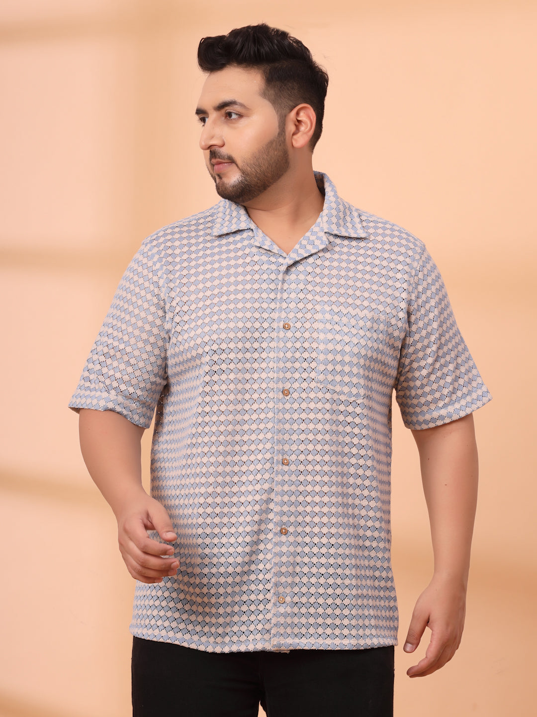 Plus Size Cuban Collar Crochet Resist Shirt