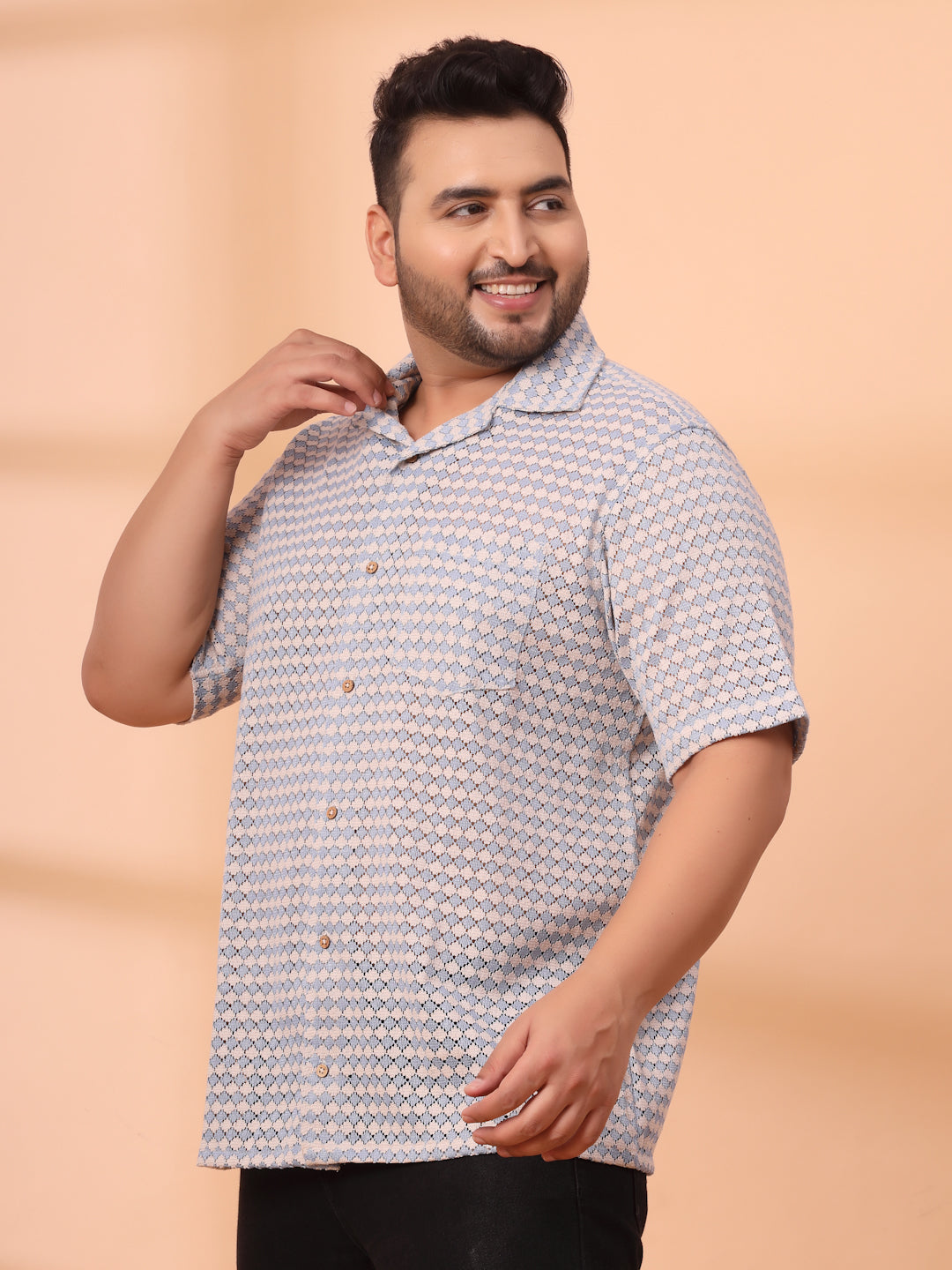 Plus Size Cuban Collar Crochet Resist Shirt