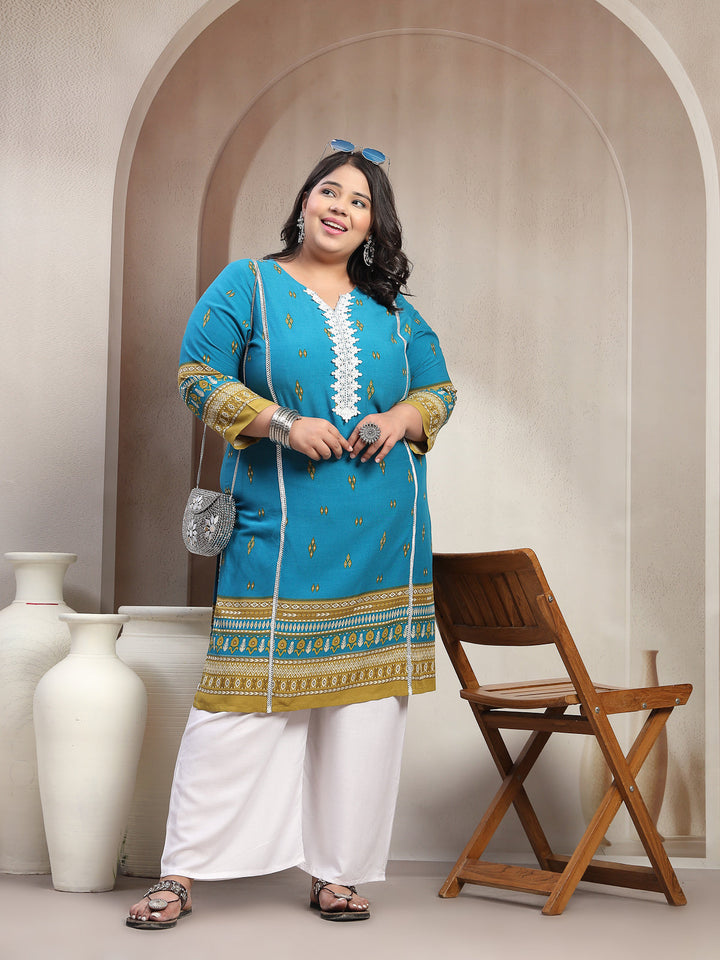 Plus Size Blue Floral Printed Viscose Rayon Kurta