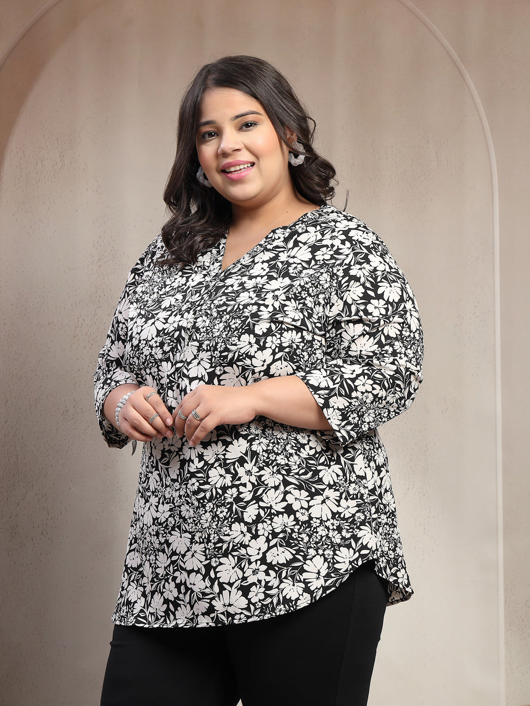 Plus Size Floral Print Mandarin Collar Top