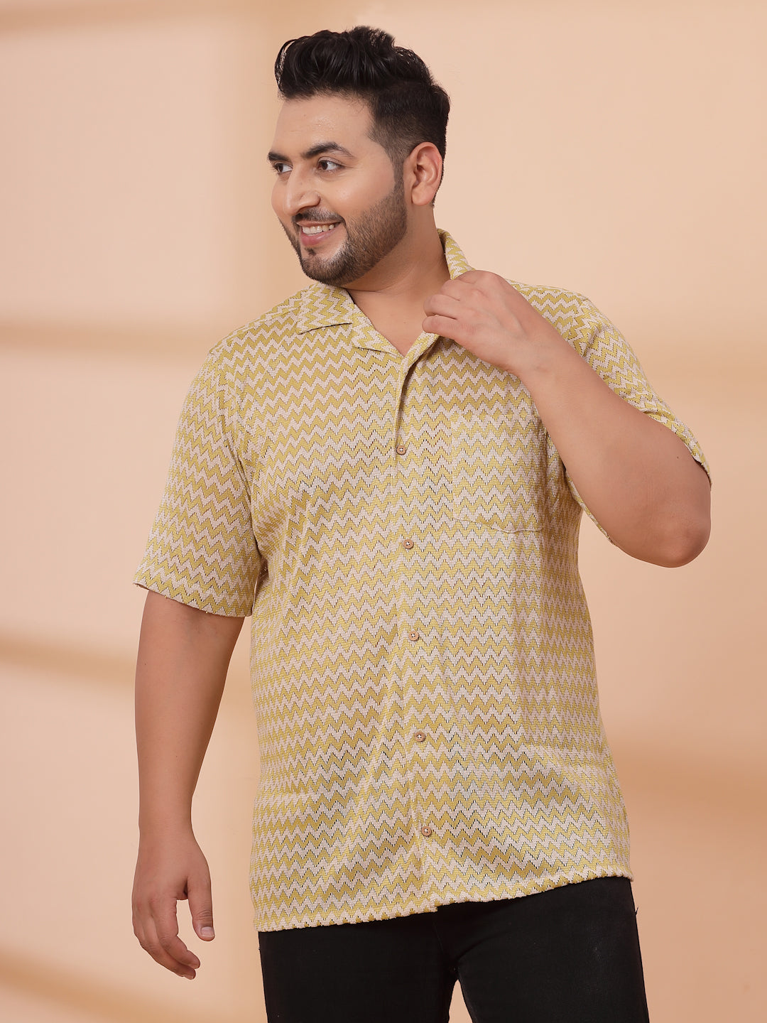 Plus Size Cuban Collar Crochet Resist Shirt