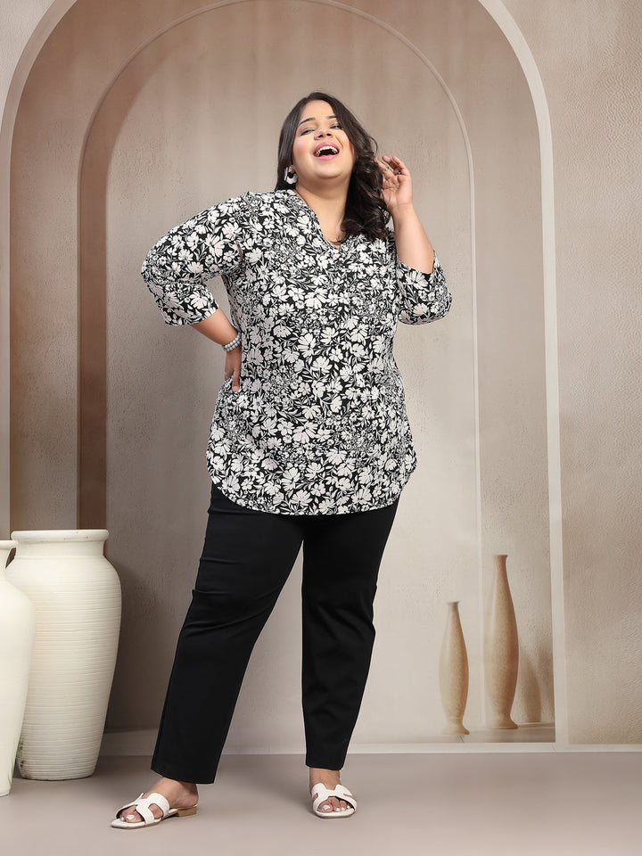 Plus Size Floral Print Mandarin Collar Top