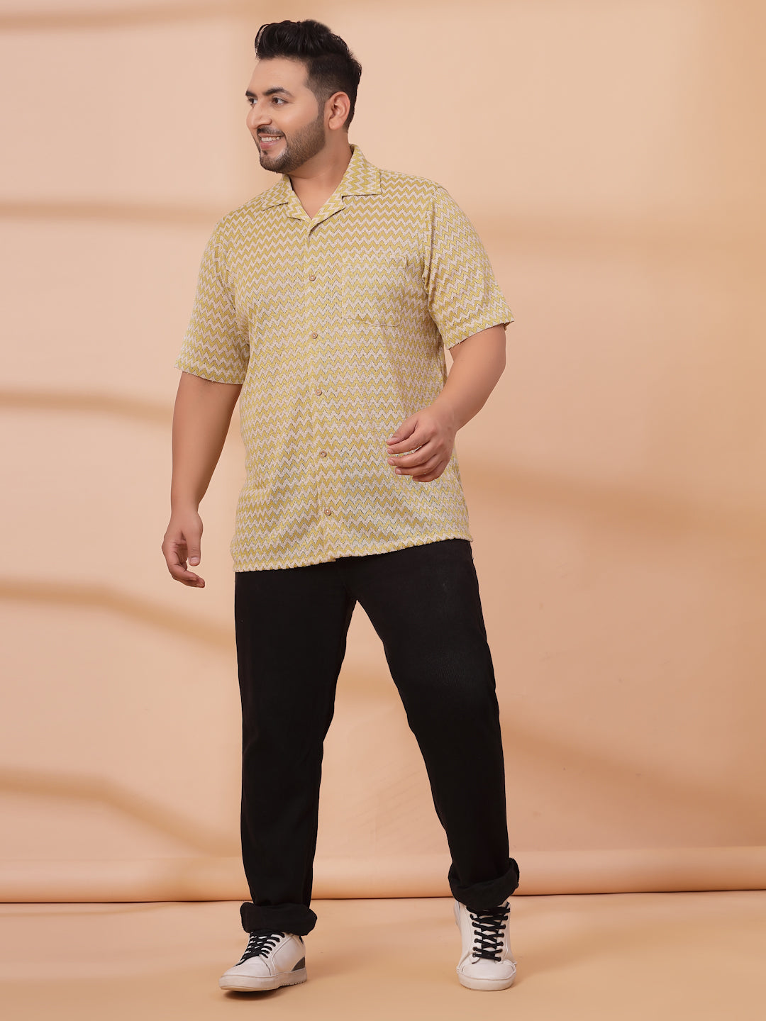 Plus Size Cuban Collar Crochet Resist Shirt