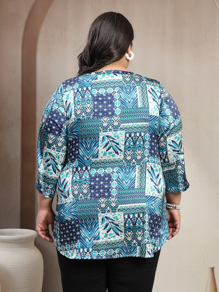 Plus Size Abstract Printed V-Neck Regular Top