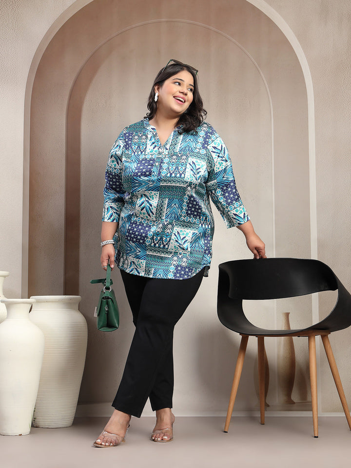 Plus Size Abstract Printed V-Neck Regular Top