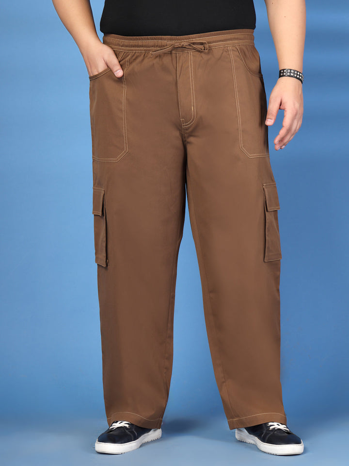 Plus Size Men Self-Checked Pure Cotton Relaxed Fit Cargos