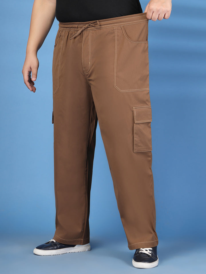 Plus Size Men Self-Checked Pure Cotton Relaxed Fit Cargos