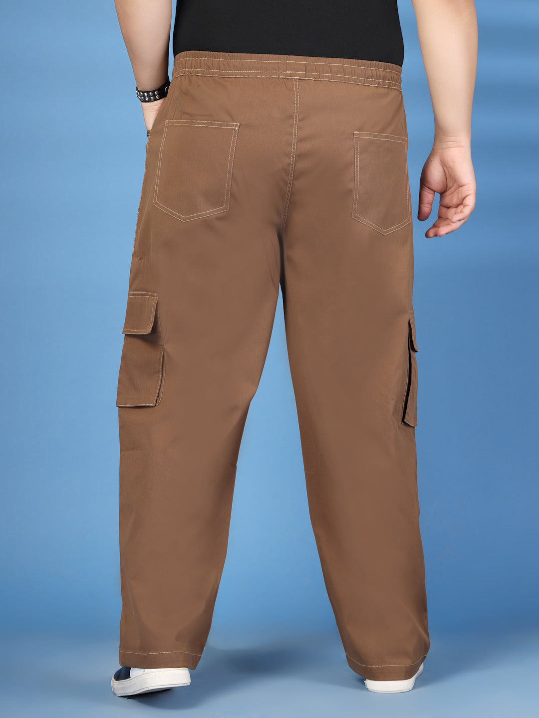 Plus Size Men Self-Checked Pure Cotton Relaxed Fit Cargos