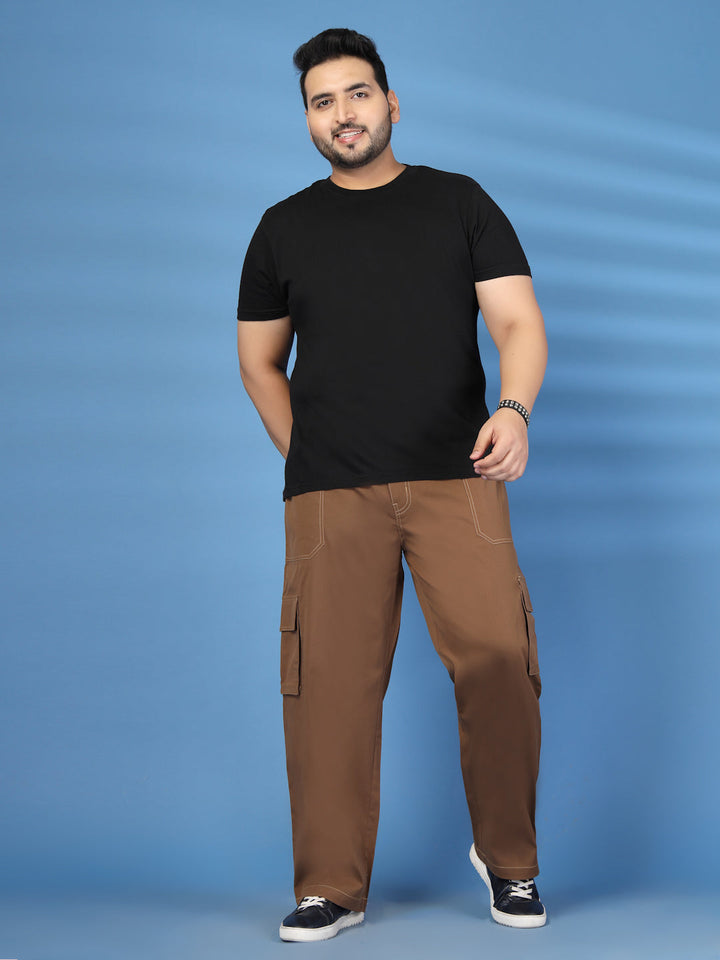 Plus Size Men Self-Checked Pure Cotton Relaxed Fit Cargos