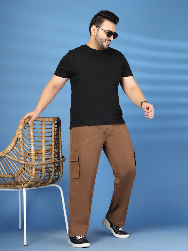 Plus Size Men Self-Checked Pure Cotton Relaxed Fit Cargos