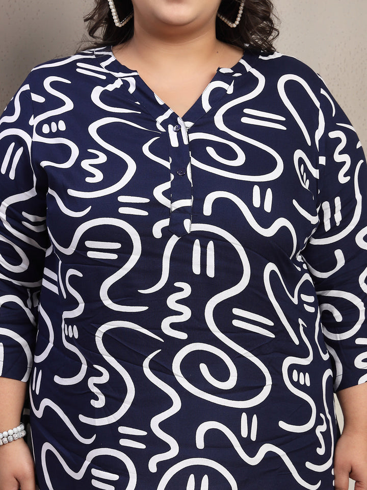 Plus Size Abstract Printed V Neck Regular Top