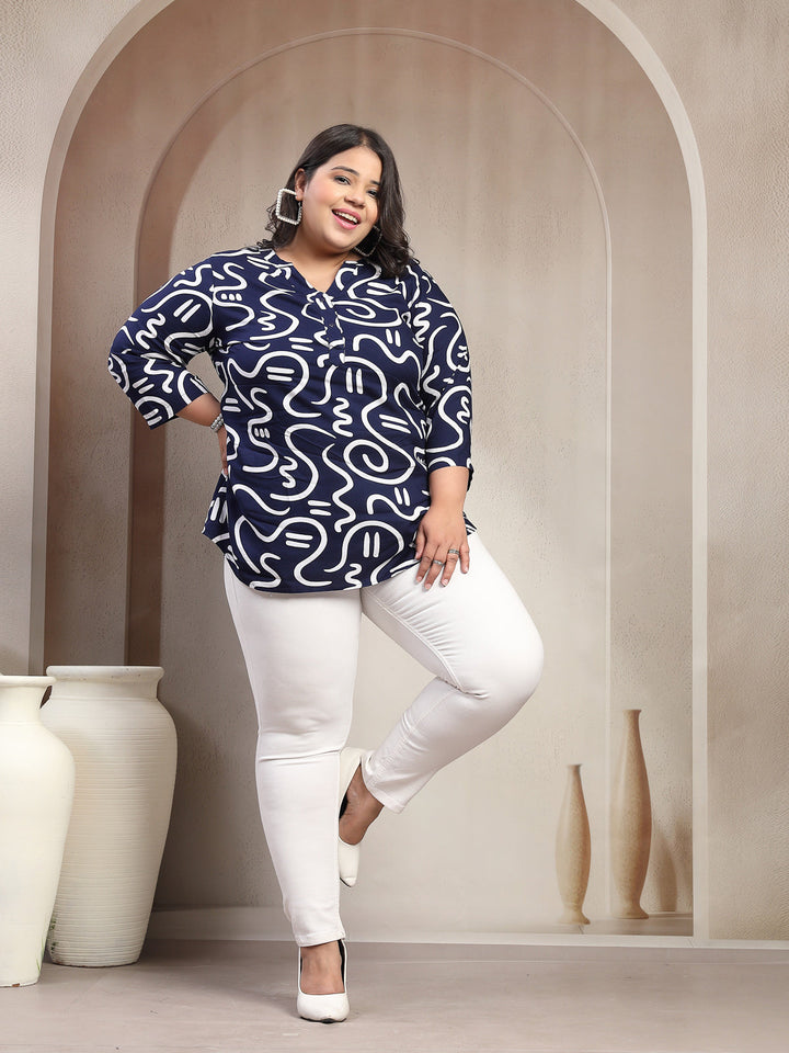 Plus Size Abstract Printed V Neck Regular Top