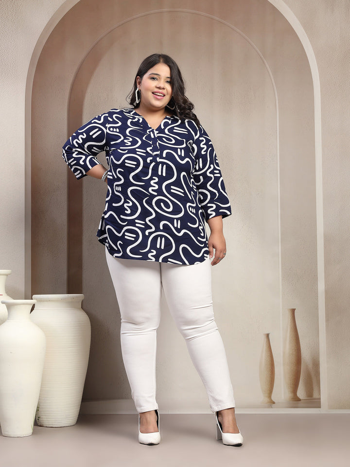 Plus Size Abstract Printed V Neck Regular Top
