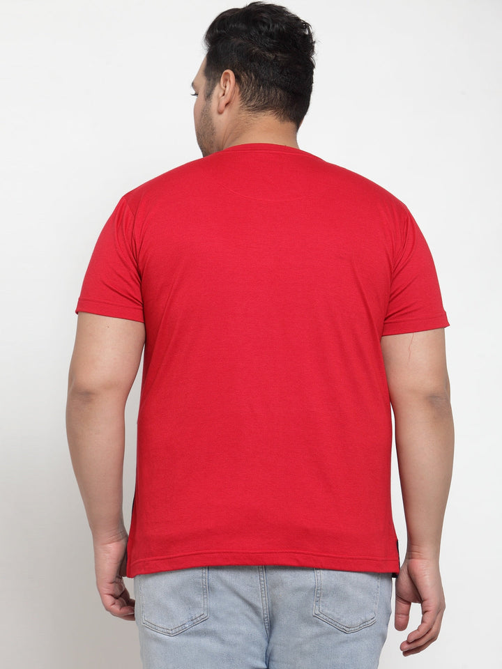 Plus Size Men Red  White Colourblocked Round Neck Pure Cotton T-shirt