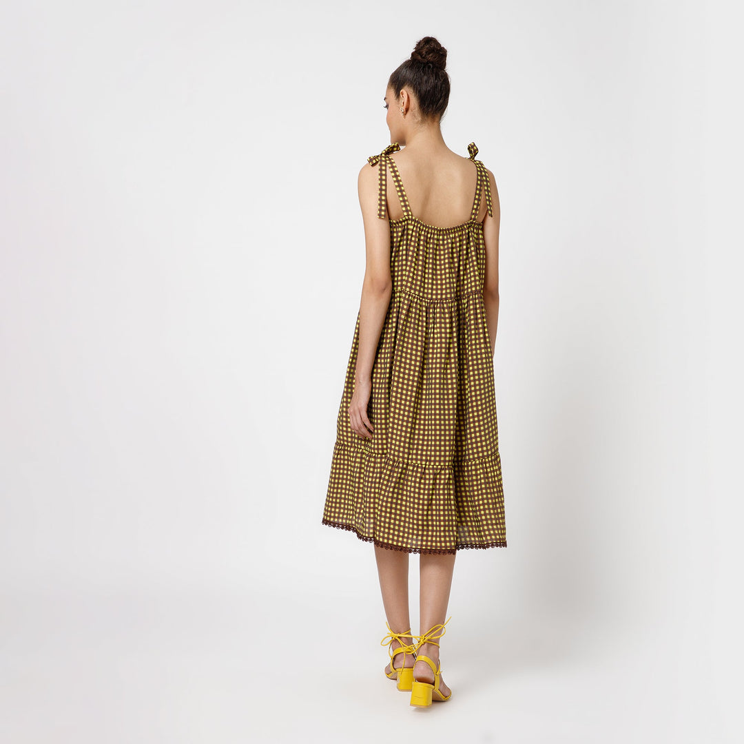 Brown Yellow Check Tiered Dress