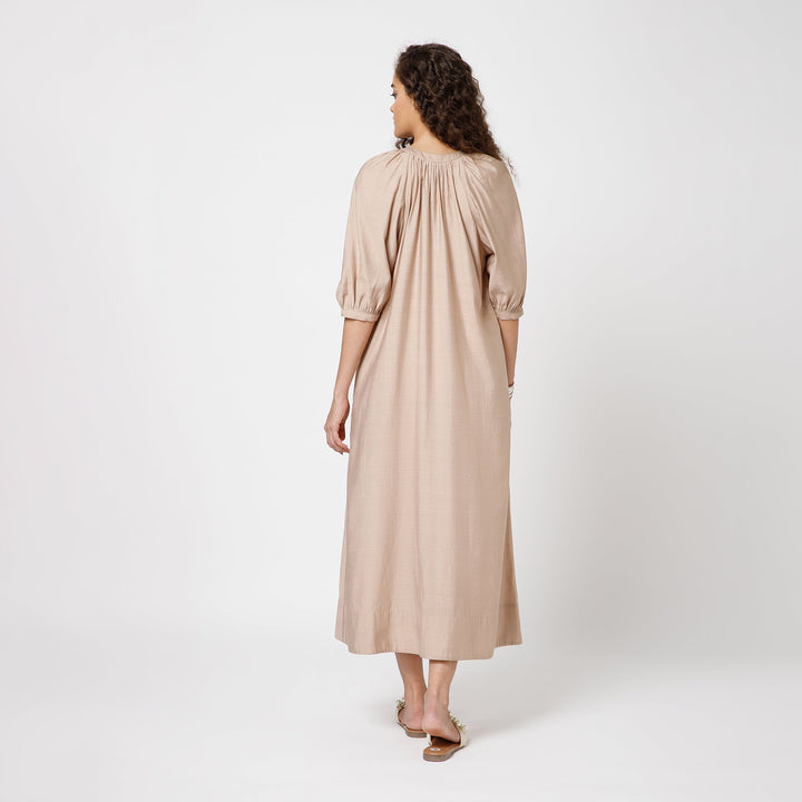 Beige Long Dress With Puff Sleeves