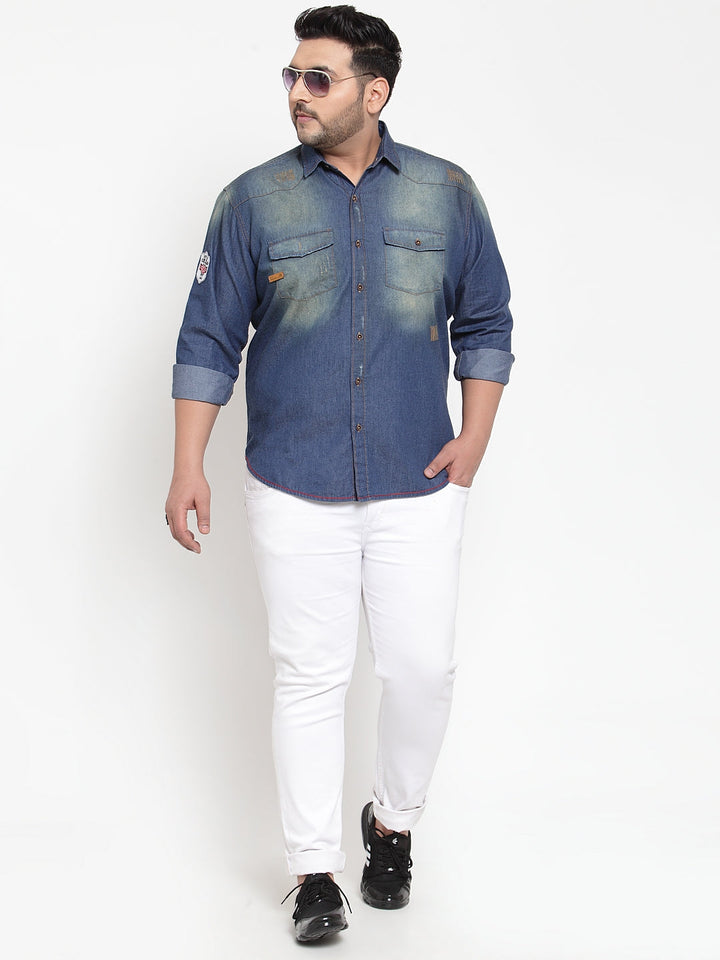 Plus Size Men Blue Regular Fit Faded Denim Casual Shirt