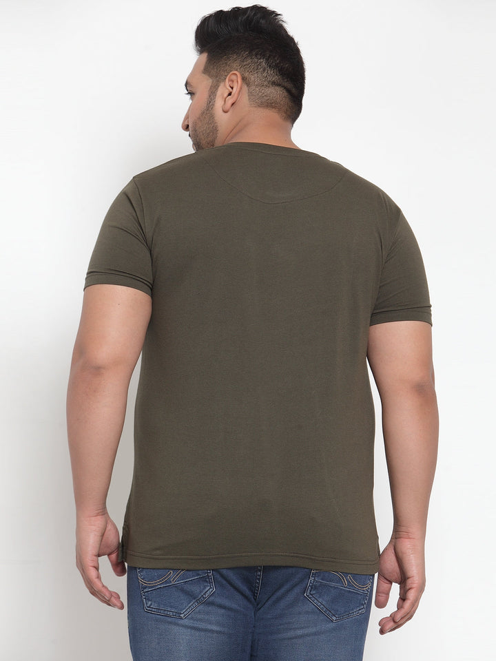 Plus Size Men Olive Green Printed Round Neck Pure Cotton T-shirt