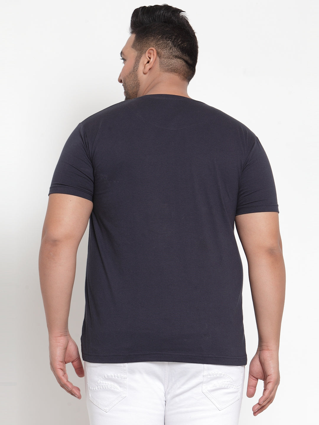 Plus Size Men Navy Blue Printed Round Neck Pure Cotton T-shirt