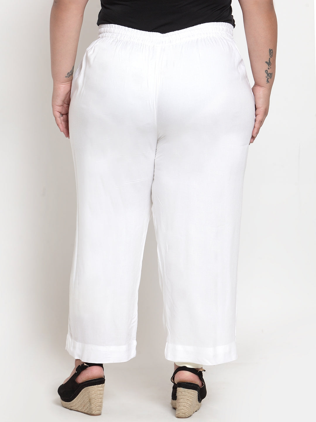 Plus Size Women White Solid Straight Palazzos