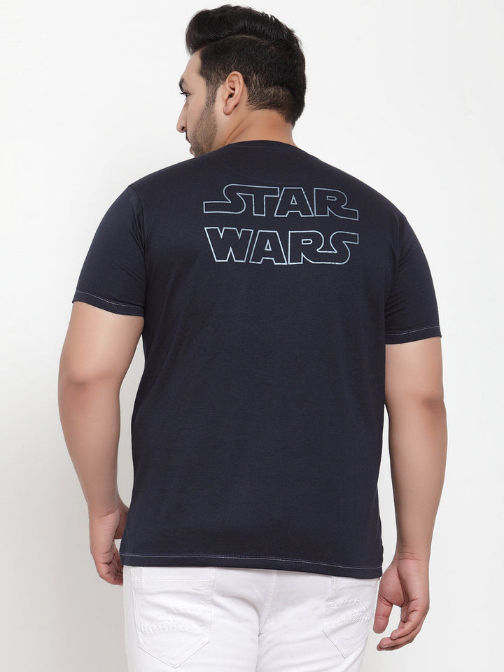 Plus Size Men Navy Blue Printed Round Neck Pure Cotton T-shirt
