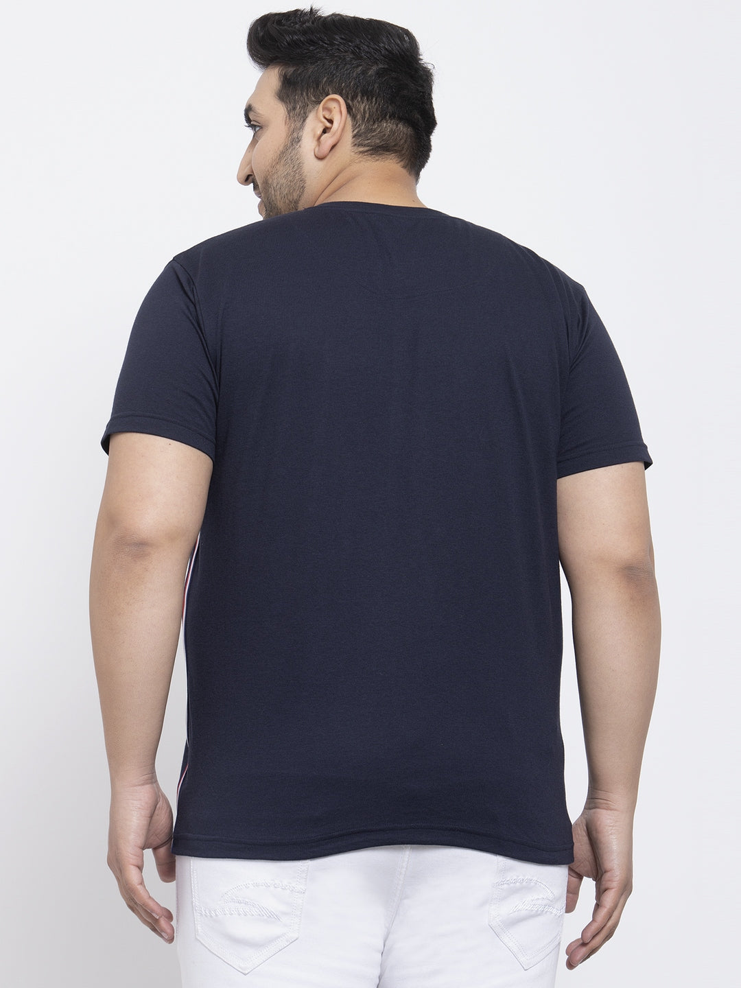 Plus Size Men Navy Blue Printed Round Neck Pure Cotton T-shirt