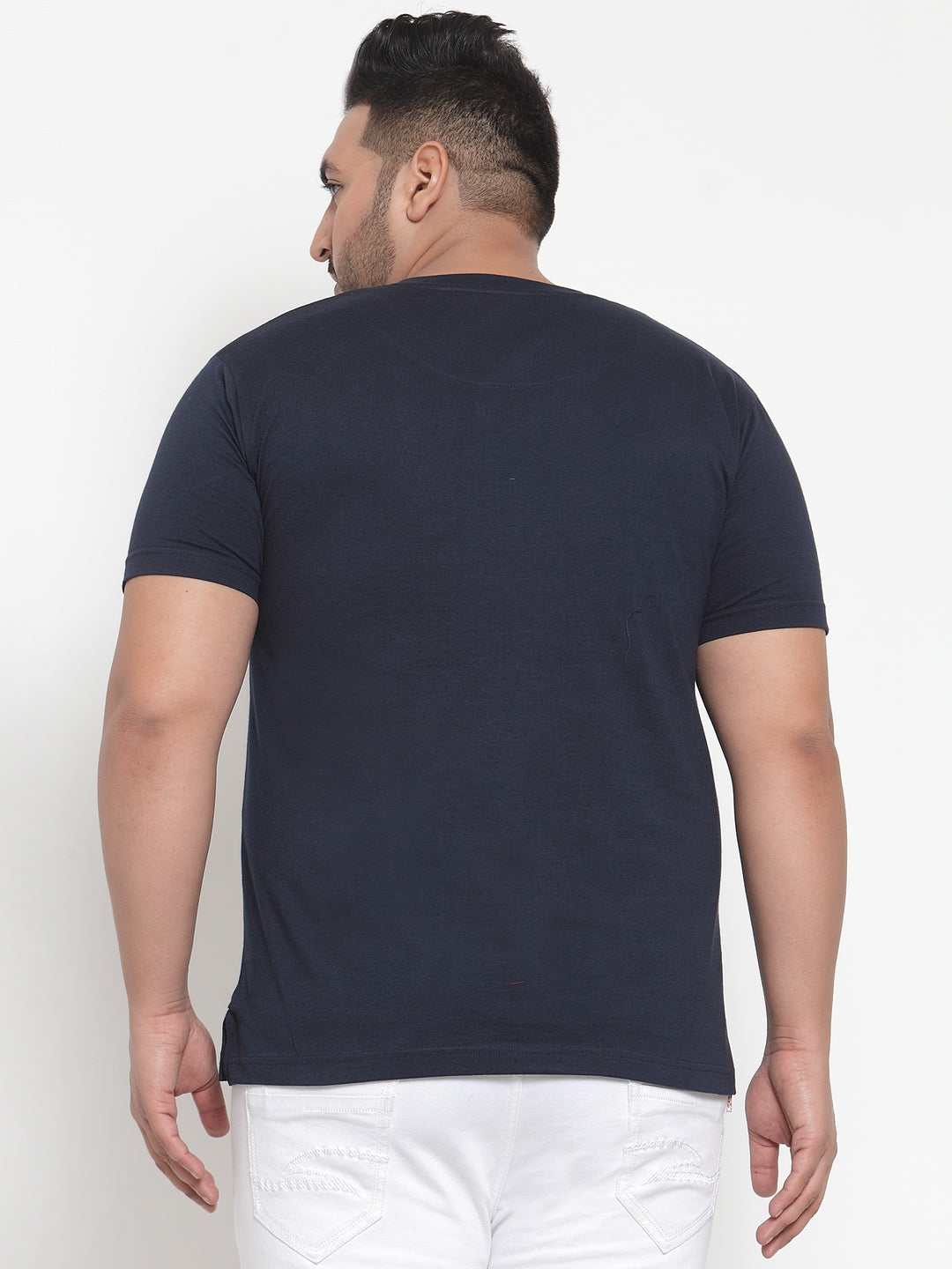 Plus Size Men Navy Blue Printed Round Neck Pure Cotton T-shirt