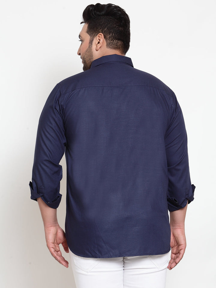 Plus Size Men Navy Blue Regular Fit Solid Casual Shirt